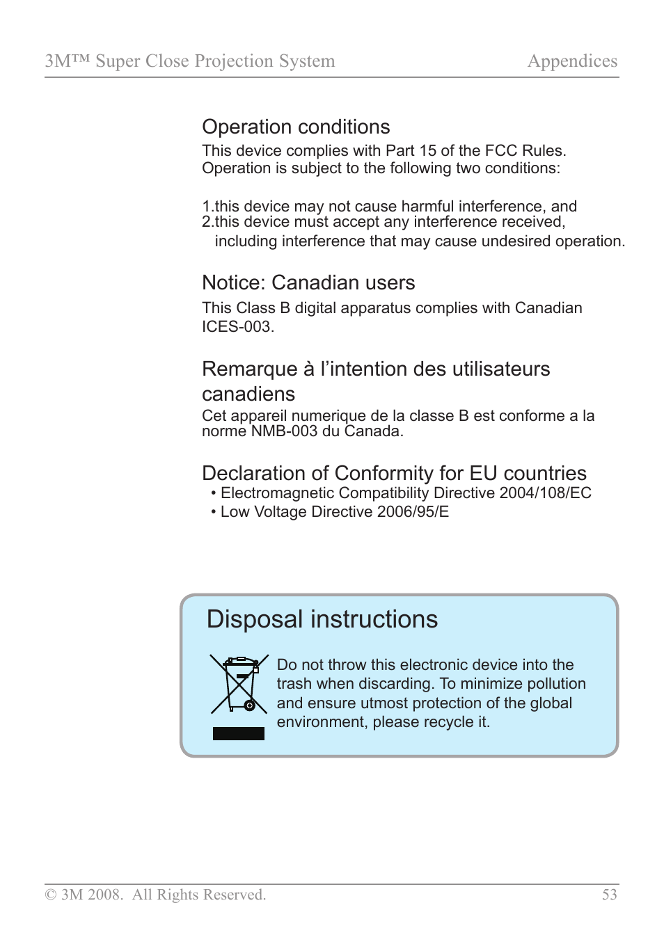 Disposal instructions, Operation conditions, Notice: canadian users | Remarque à l’intention des utilisateurs canadiens, Declaration of conformity for eu countries | 3M SCP717 User Manual | Page 58 / 58