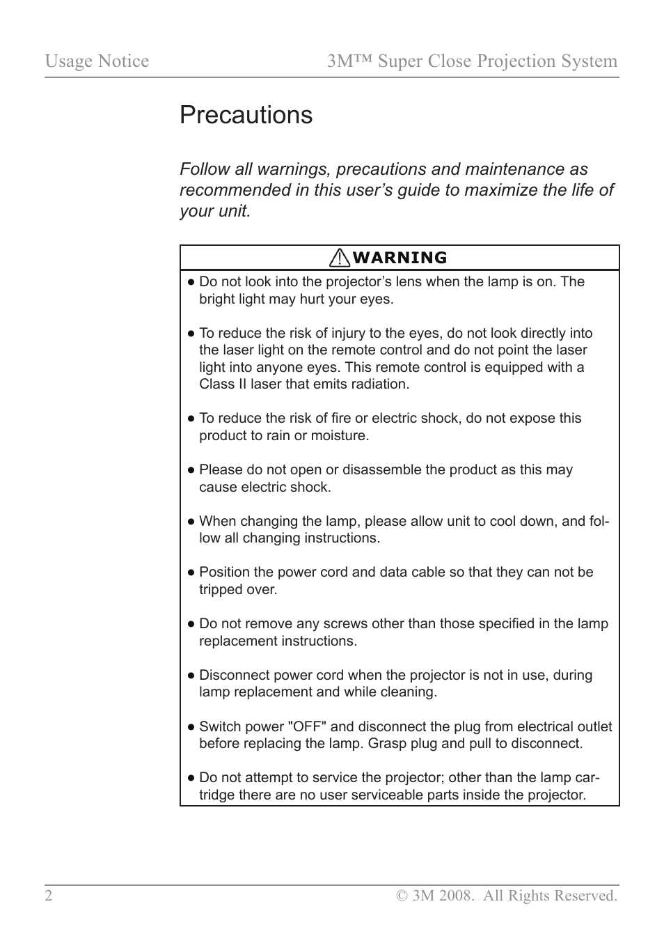 Usage notice, Precautions, Usage notice 3m™ super close projection system | 3M SCP717 User Manual | Page 7 / 58