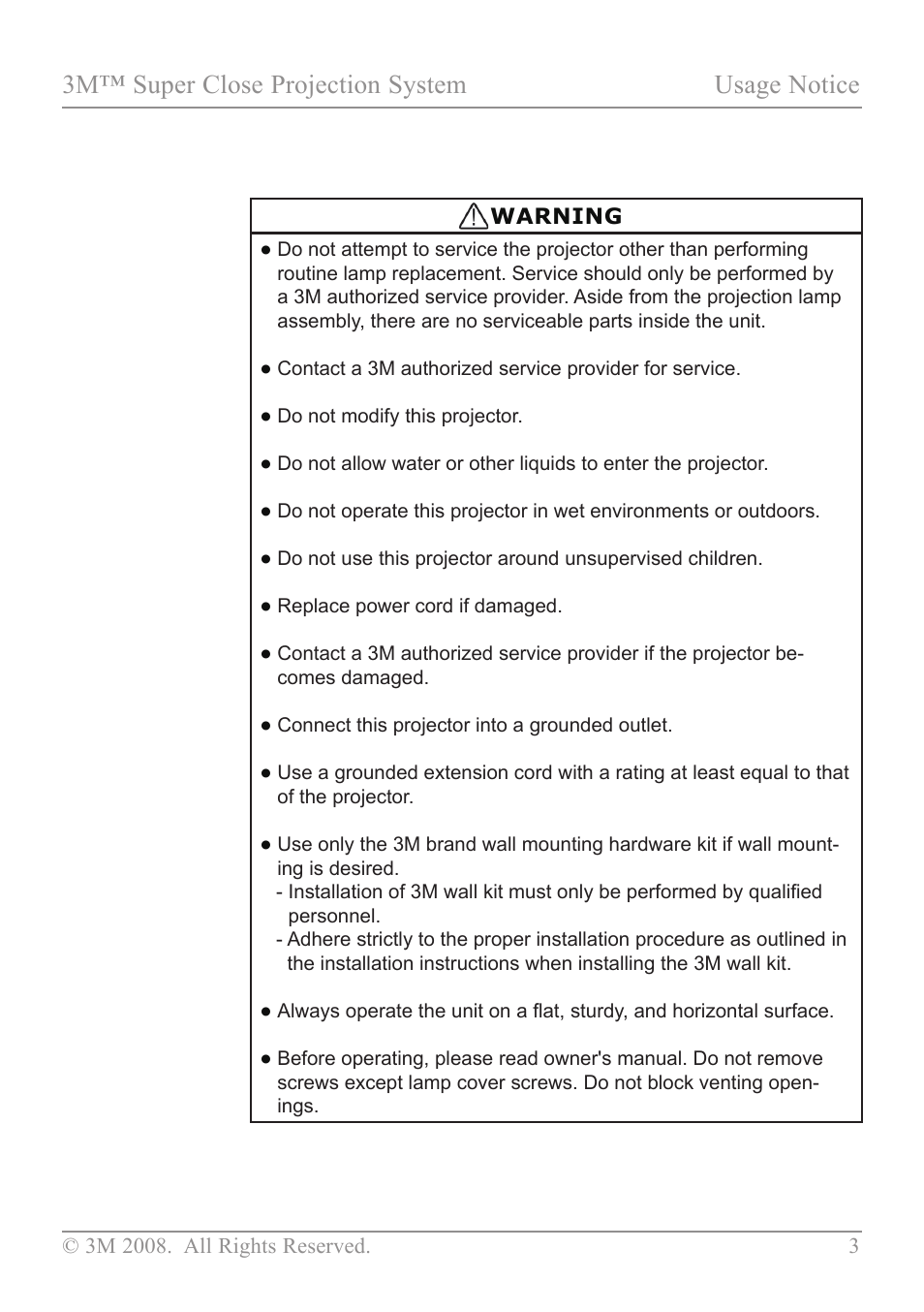 3m™ super close projection system usage notice | 3M SCP717 User Manual | Page 8 / 58