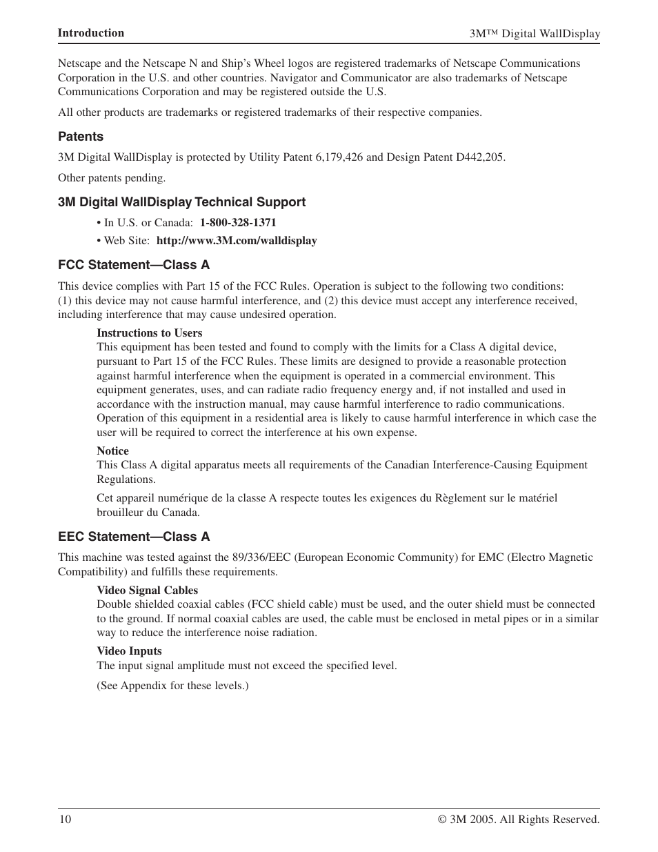 Patents, 3m digital walldisplay technical support, Fcc statement—class a | Eec statement—class a | 3M 9000PD User Manual | Page 10 / 46