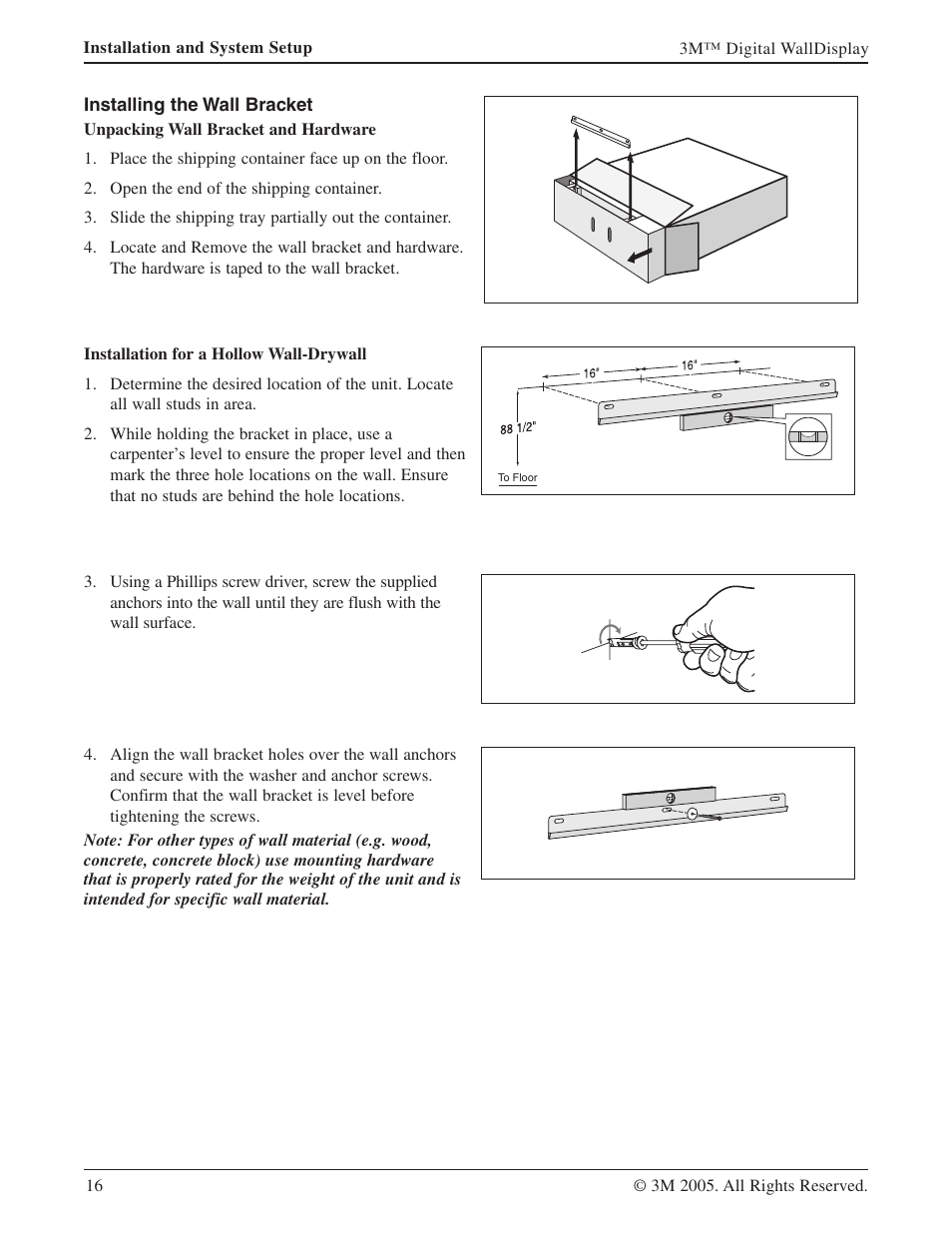 Installing the wall bracket | 3M 9000PD User Manual | Page 16 / 46