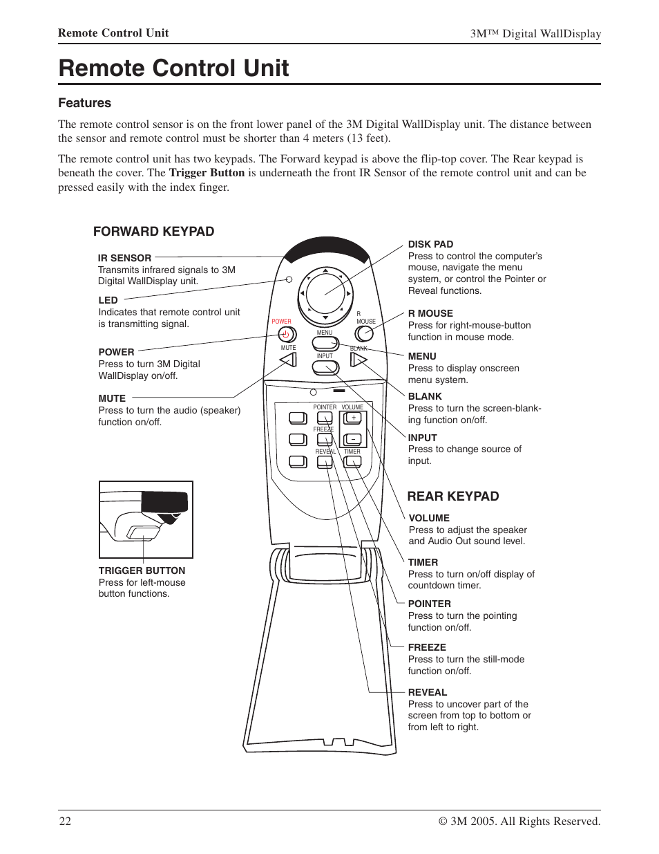 Remote control unit, Features, Forward keypad rear keypad | 3M 9000PD User Manual | Page 22 / 46