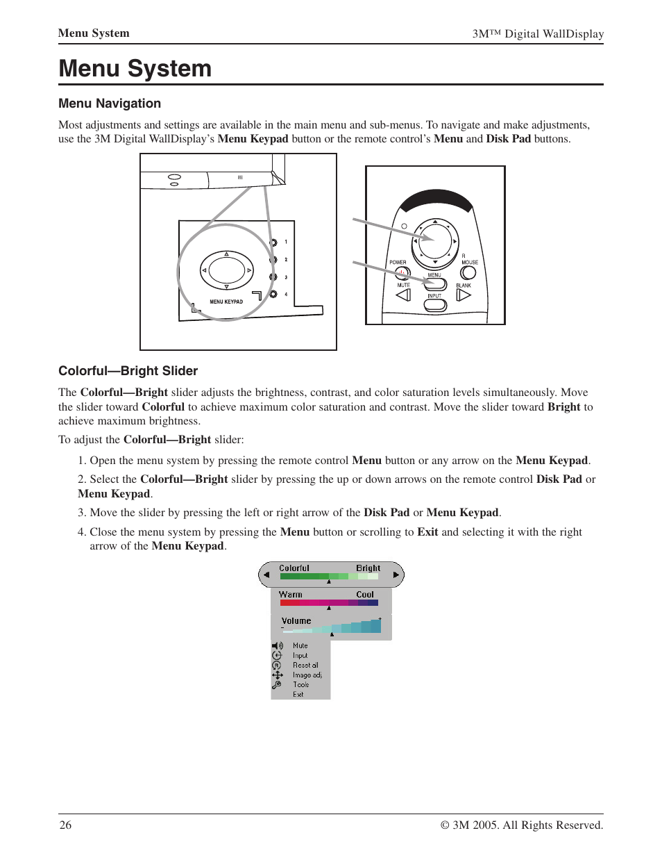 Menu system, Menu navigation, Colorful—bright slider | 3M 9000PD User Manual | Page 26 / 46