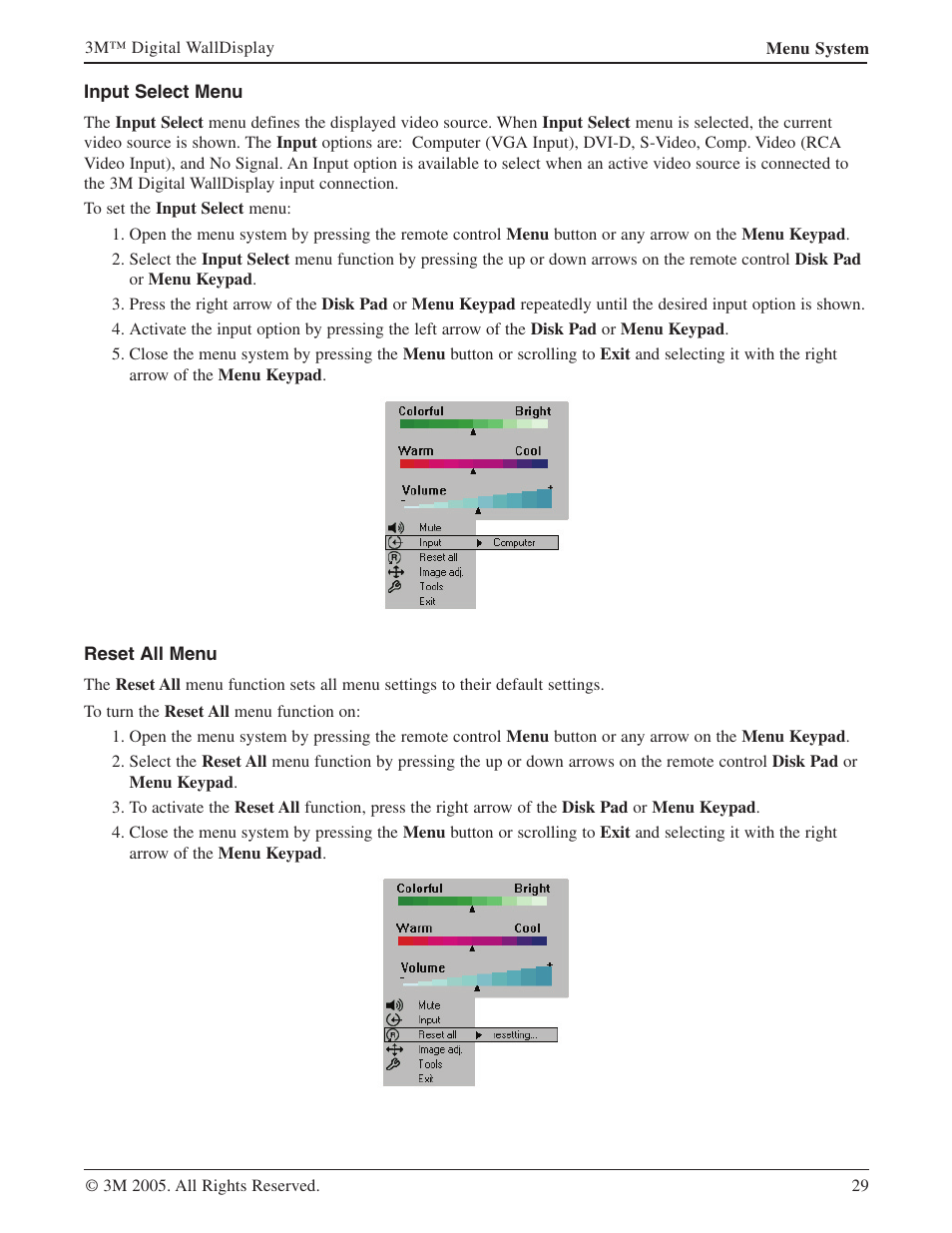 Input select menu, Reset all menu | 3M 9000PD User Manual | Page 29 / 46