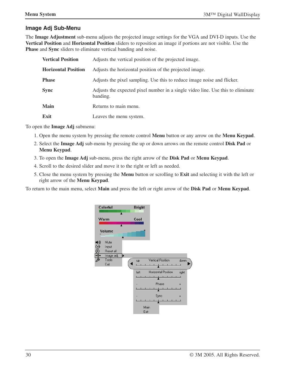 Image adj sub-menu | 3M 9000PD User Manual | Page 30 / 46