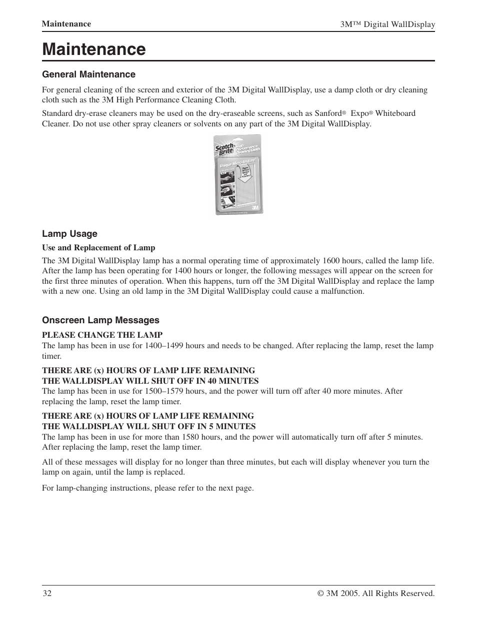 Maintenance, General maintenance, Lamp usage | Onscreen lamp messages | 3M 9000PD User Manual | Page 32 / 46