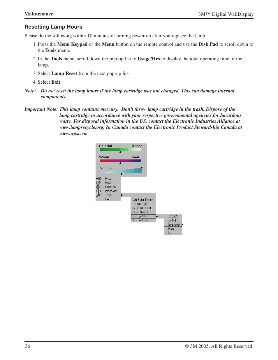 Resetting lamp hours | 3M 9000PD User Manual | Page 36 / 46