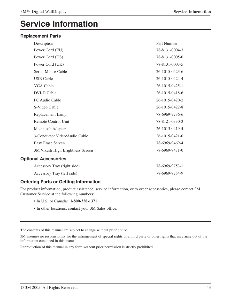 Service information, Replacement parts, Optional accessories | Ordering parts or getting information | 3M 9000PD User Manual | Page 43 / 46