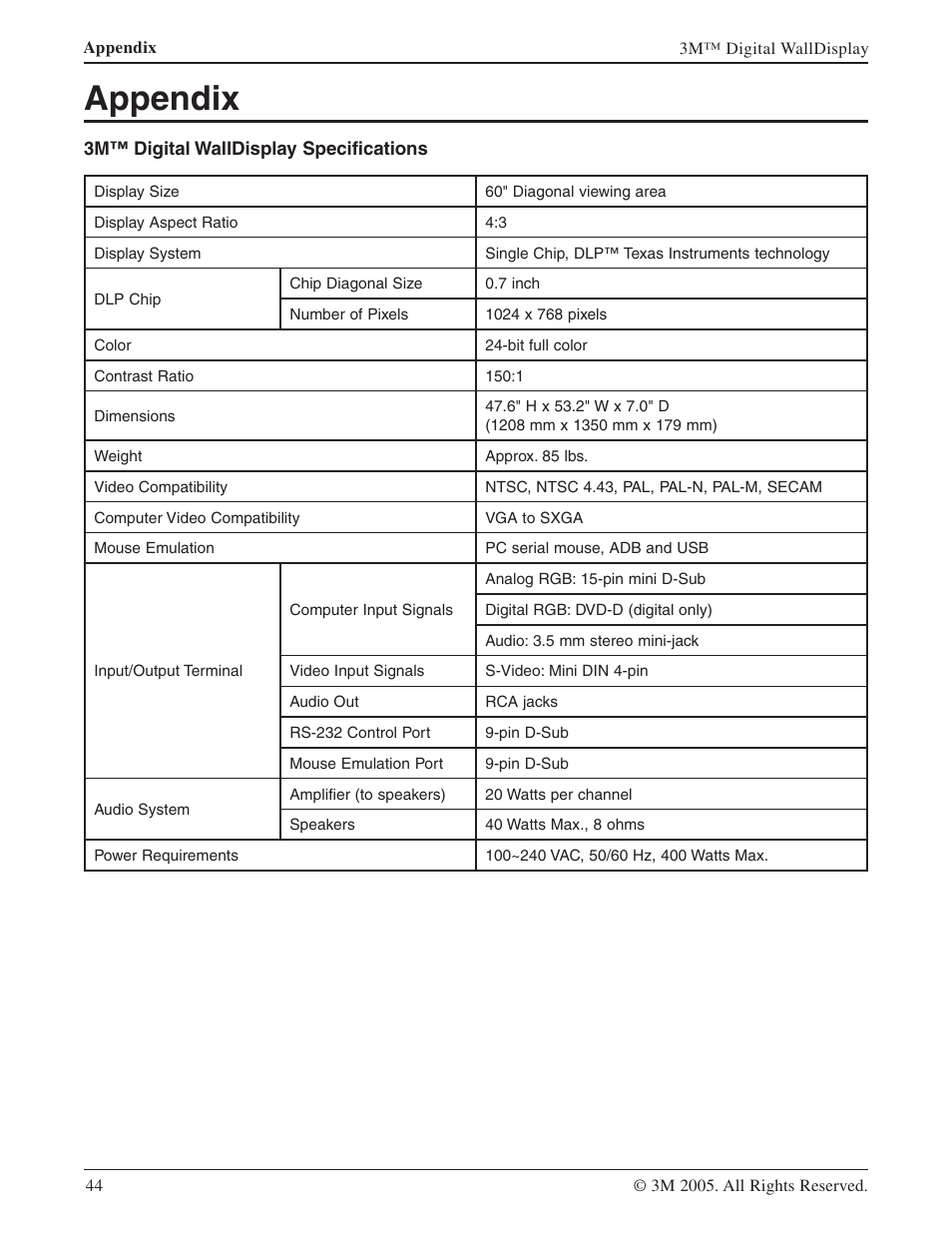 Appendix, 3m™ digital walldisplay specifications | 3M 9000PD User Manual | Page 44 / 46