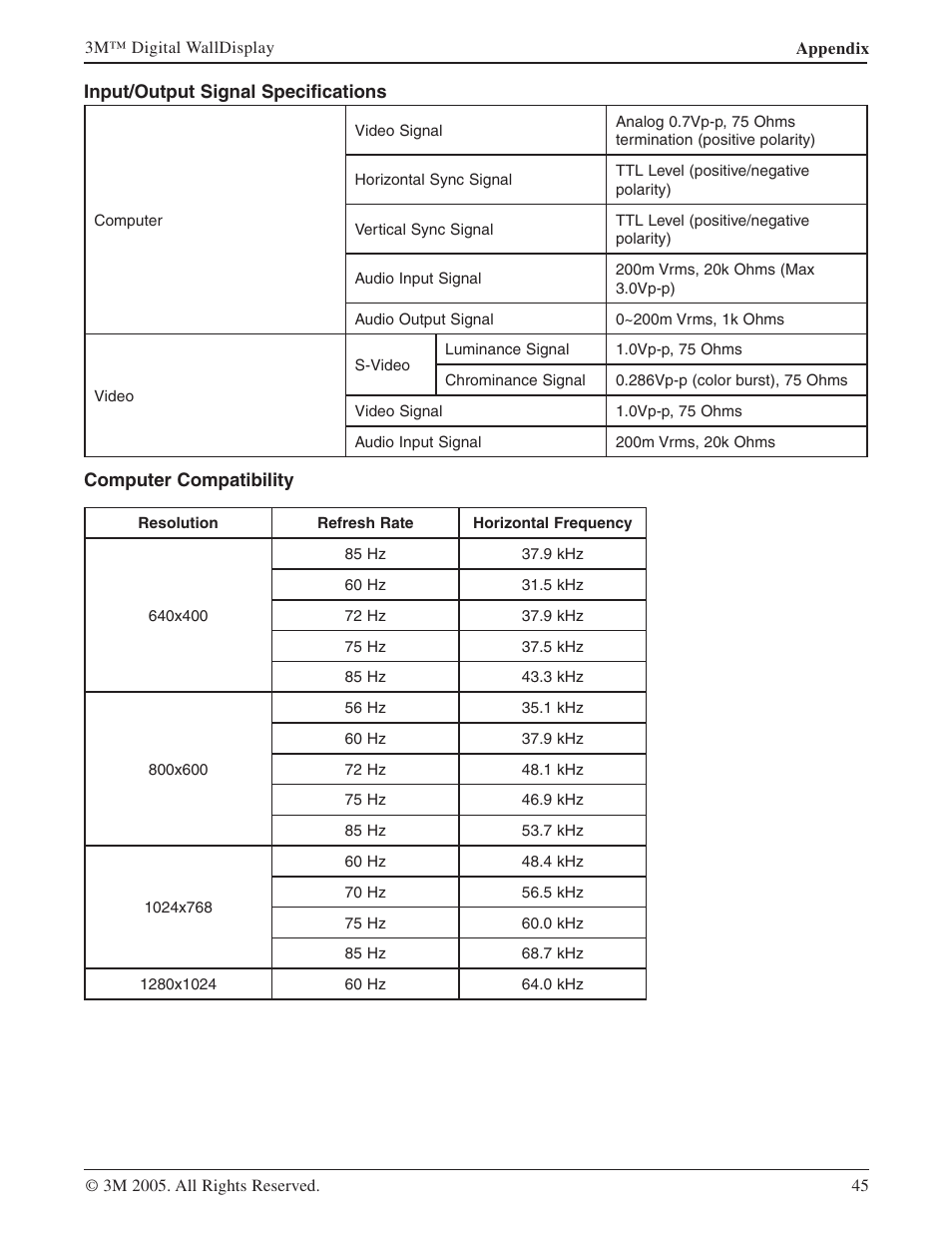 Input/output signal specifications, Computer compatibility | 3M 9000PD User Manual | Page 45 / 46