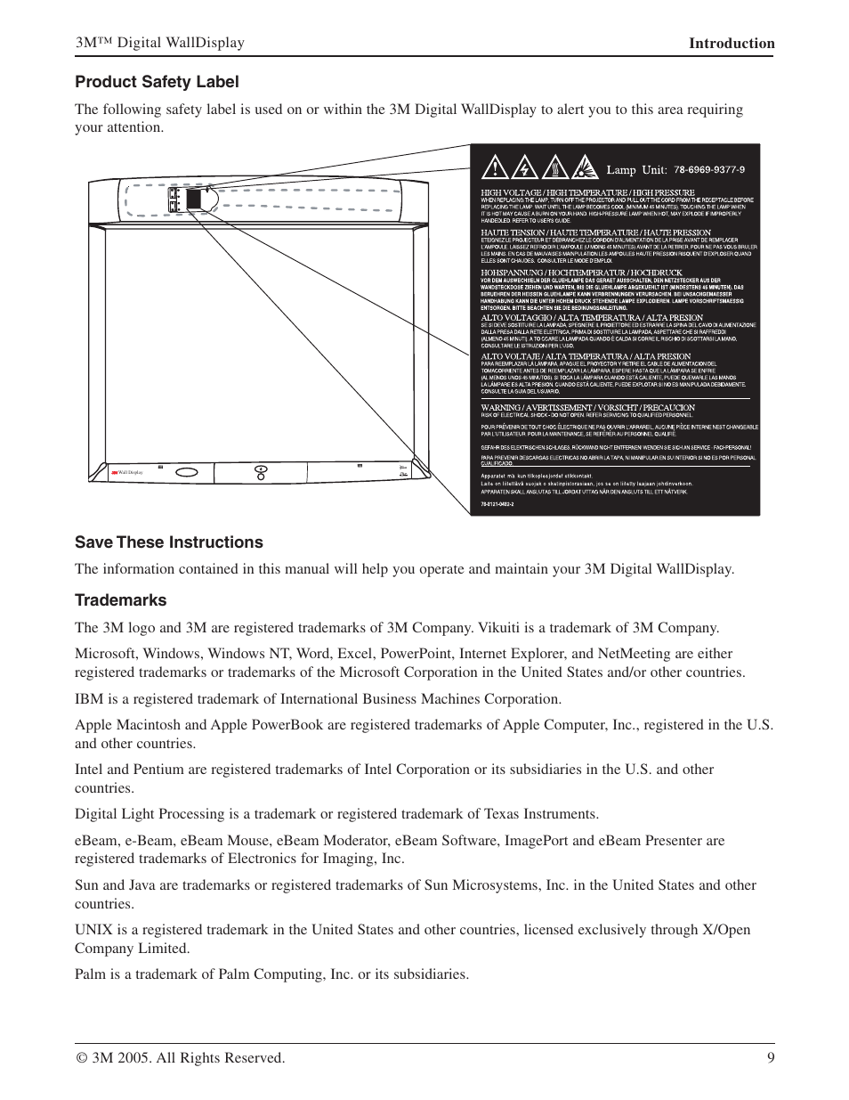 Product safety label, Save these instructions, Trademarks | 3M 9000PD User Manual | Page 9 / 46