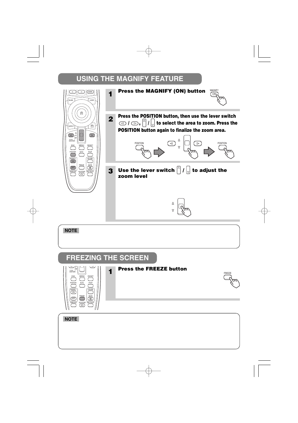 Using the magnify feature freezing the screen 1, Press the magnify (on) button, Use the lever switch / to adjust the zoom level | Press the freeze button, The projector enters magnify mode | 3M MP8790 User Manual | Page 23 / 44