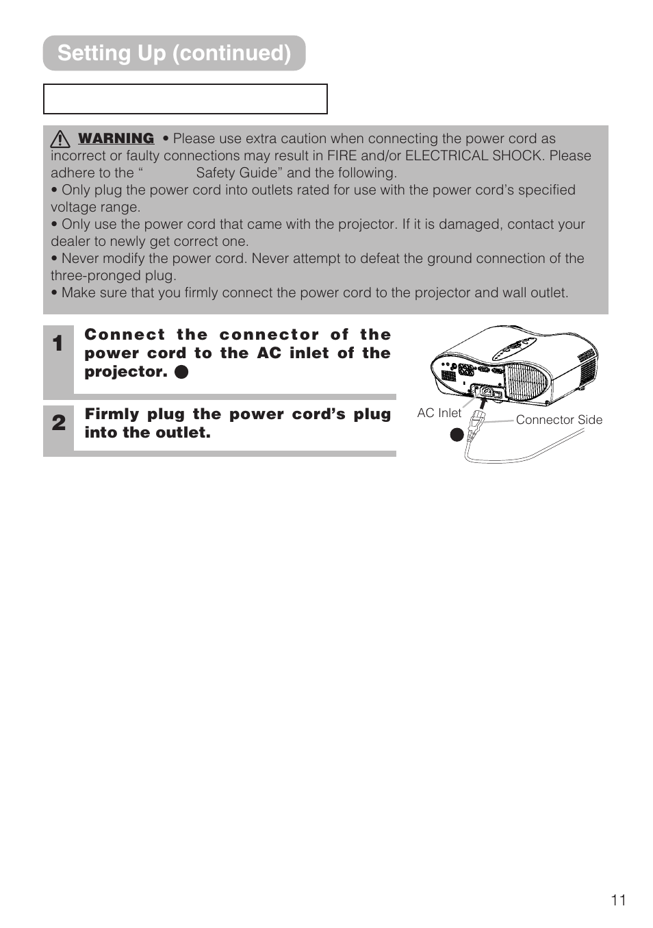 Connecting power supply, Setting up (continued) | 3M S10C User Manual | Page 11 / 45