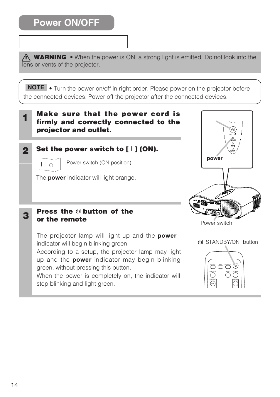 Power on/off, Turning on the power | 3M S10C User Manual | Page 14 / 45