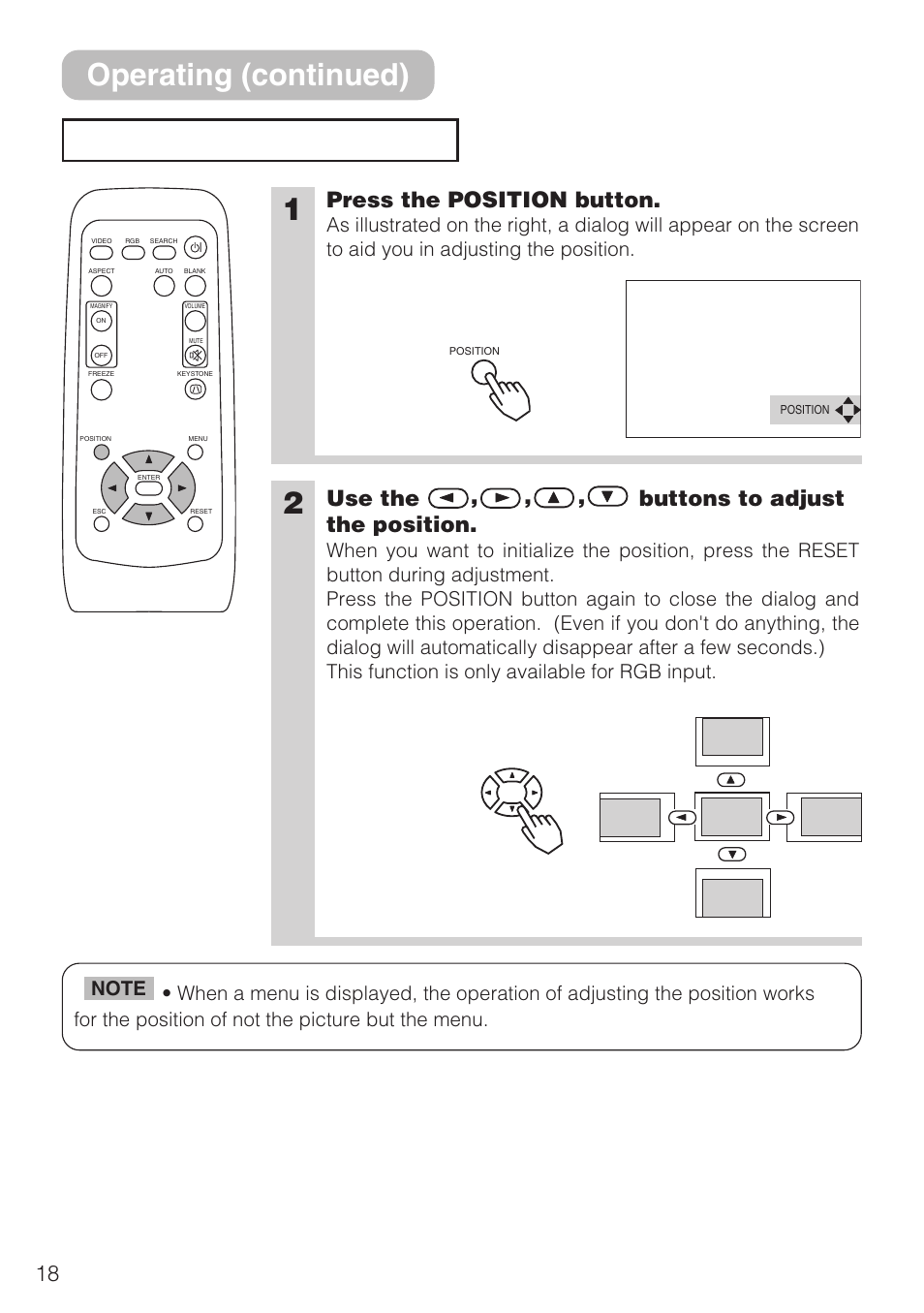 Adjusting the position, Operating (continued), Press the position button | Use the , , , buttons to adjust the position | 3M S10C User Manual | Page 18 / 45