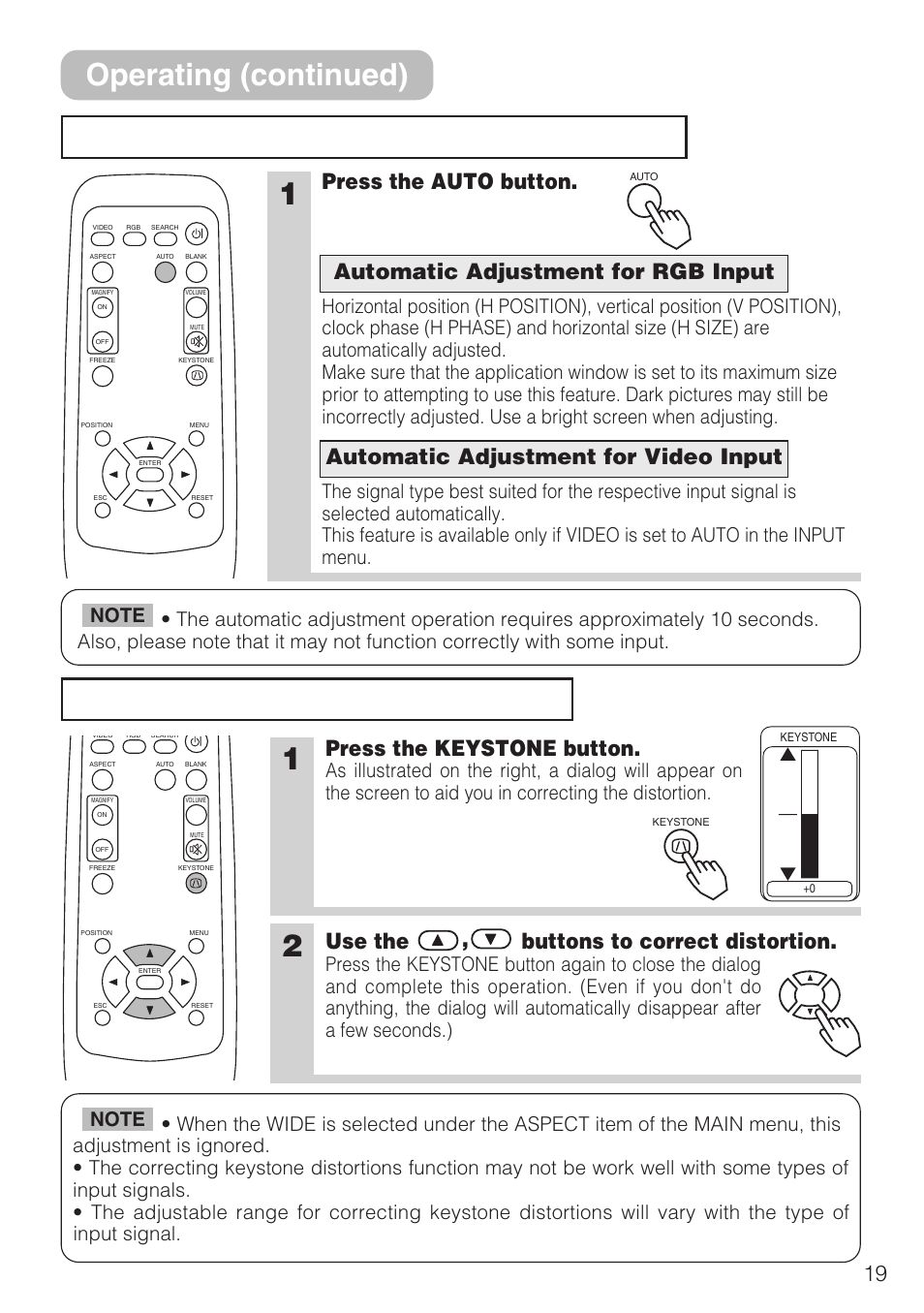 Using the automatic adjustment feature, Correcting keystone distortions, Operating (continued) | Press the auto button, Press the keystone button, Use the , buttons to correct distortion | 3M S10C User Manual | Page 19 / 45