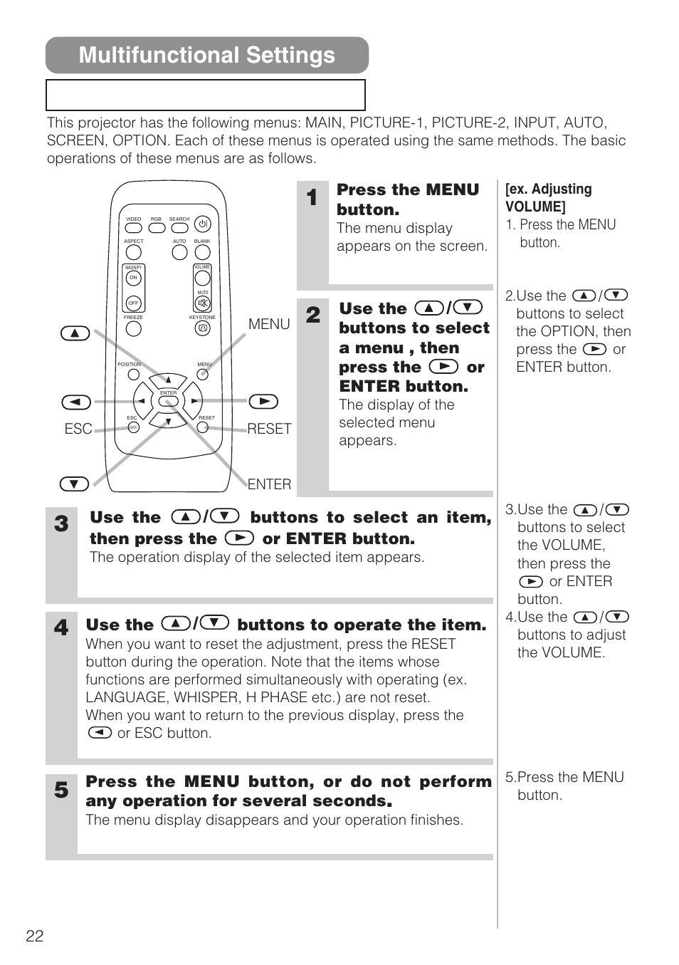 Multifunctional settings, Using the menu functions, Press the menu button | Use the / buttons to operate the item | 3M S10C User Manual | Page 22 / 45