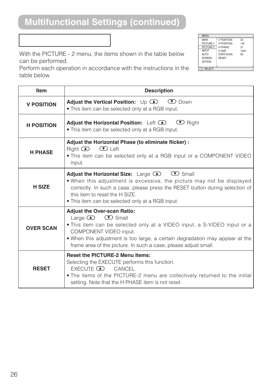 Picture-2 menu, Multifunctional settings (continued), Picture - 2 menu | 3M S10C User Manual | Page 26 / 45