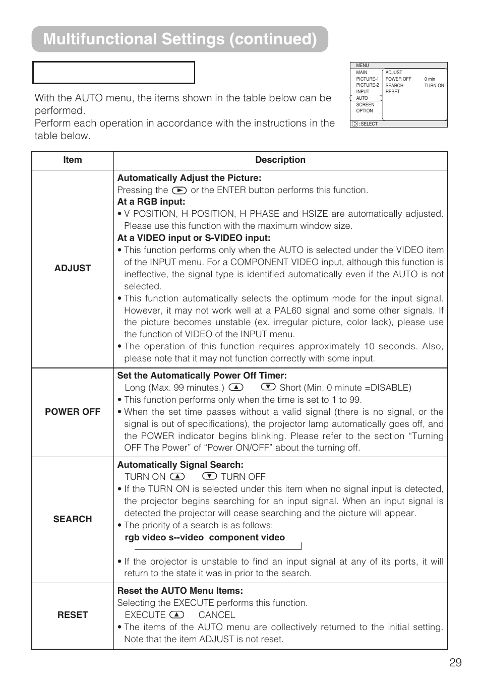 Auto menu, Multifunctional settings (continued) | 3M S10C User Manual | Page 29 / 45