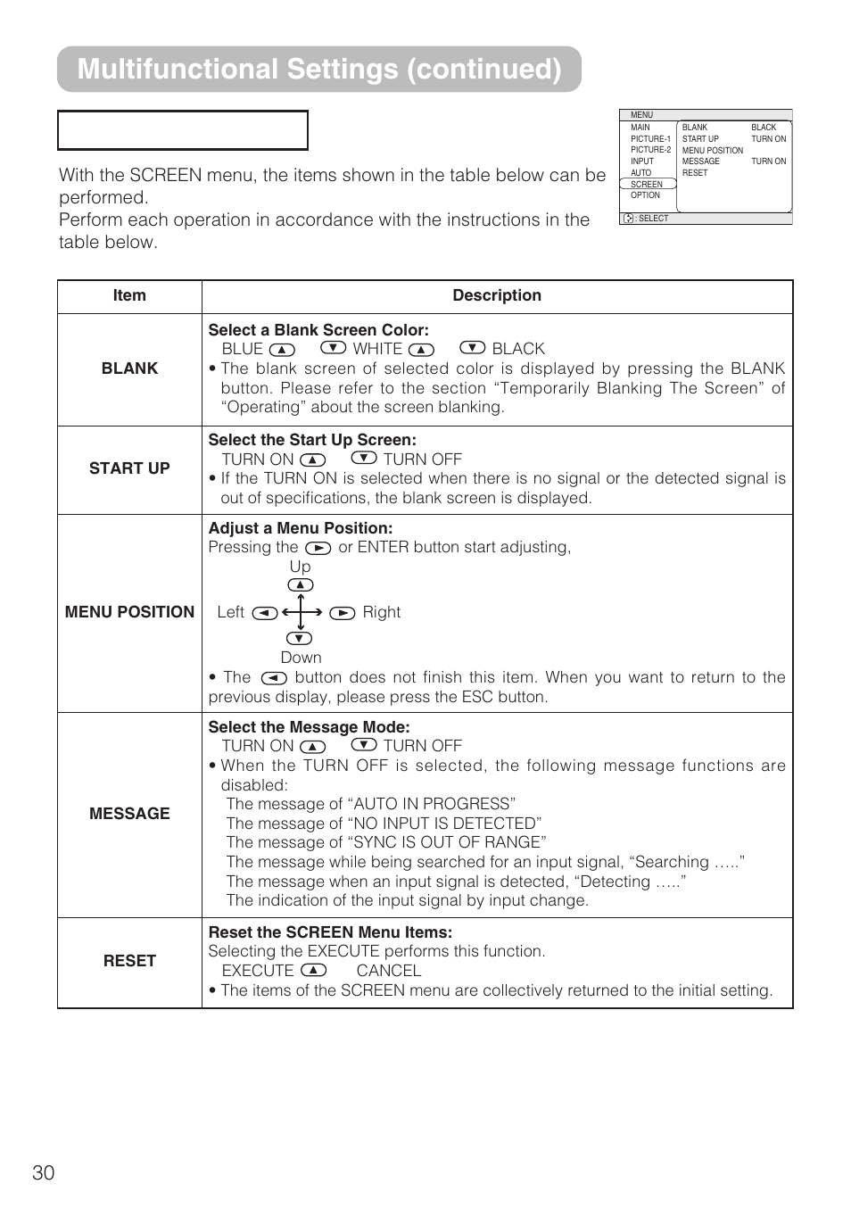 Screen menu, Multifunctional settings (continued) | 3M S10C User Manual | Page 30 / 45