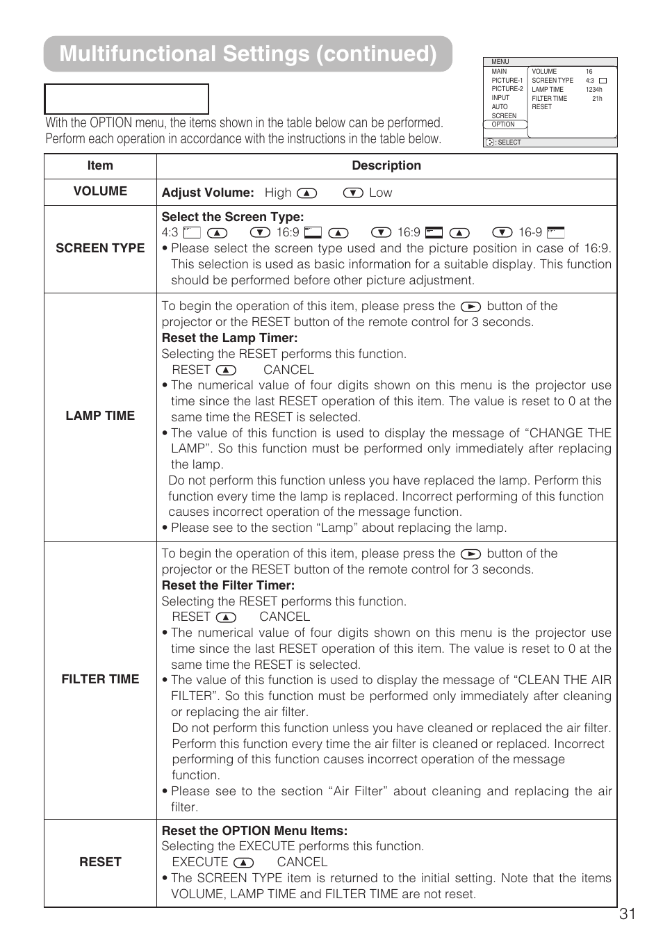 Option menu, Multifunctional settings (continued) | 3M S10C User Manual | Page 31 / 45