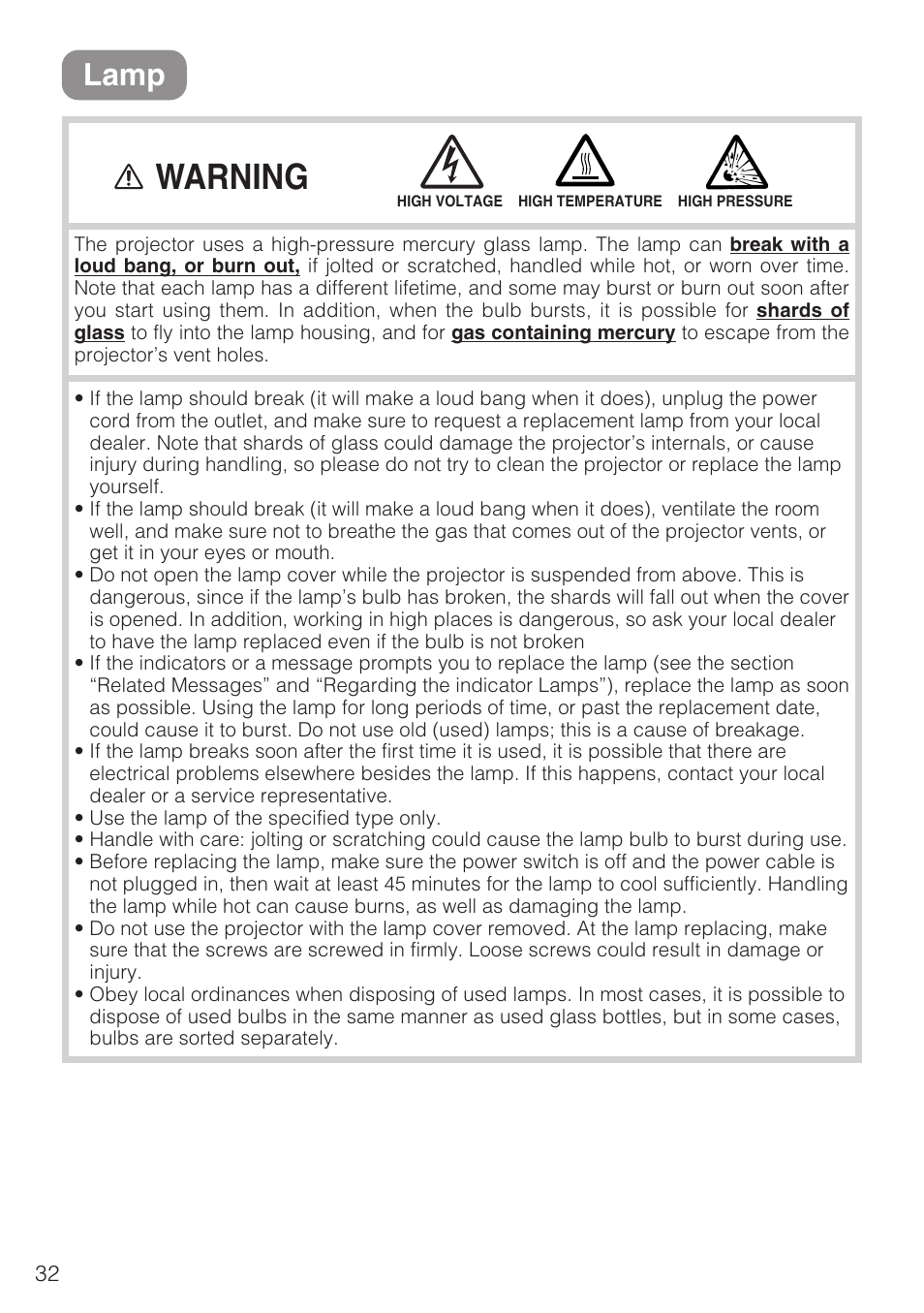 Lamp, Warning | 3M S10C User Manual | Page 32 / 45