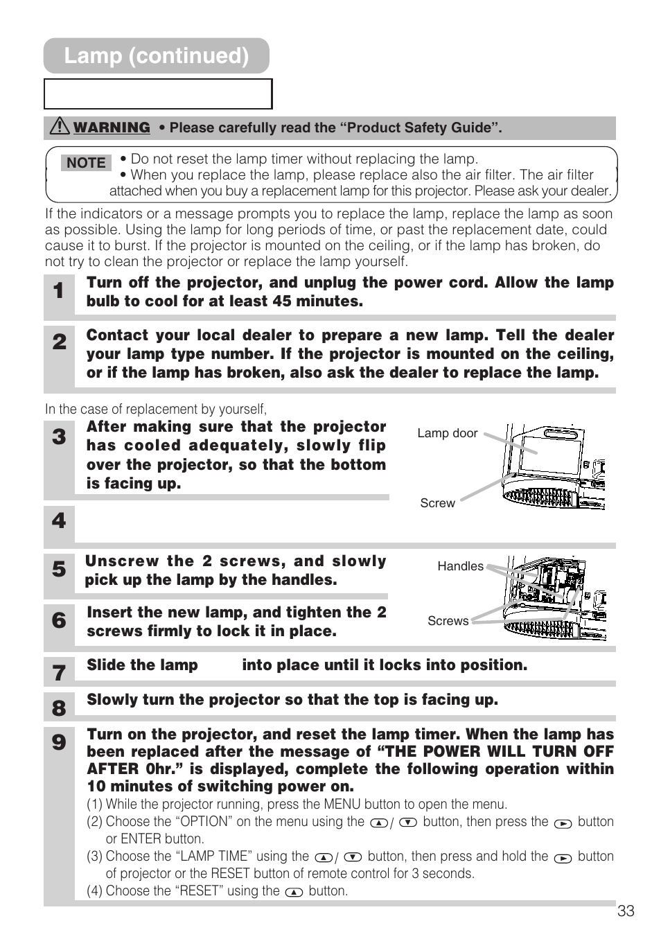 Replacing the lamp, 78 lamp (continued) | 3M S10C User Manual | Page 33 / 45