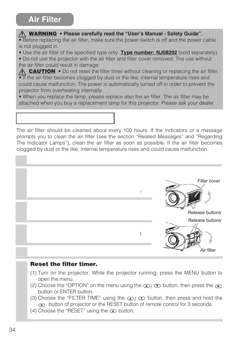 Air filter, Caring for the air filter | 3M S10C User Manual | Page 34 / 45