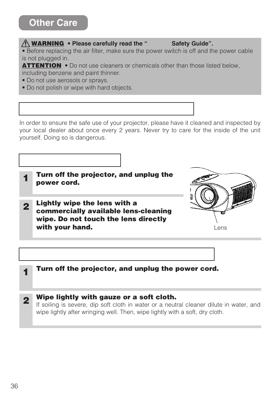 Of the projector, Caring for the lens, Caring for the cabinet and remote control | Other care | 3M S10C User Manual | Page 36 / 45