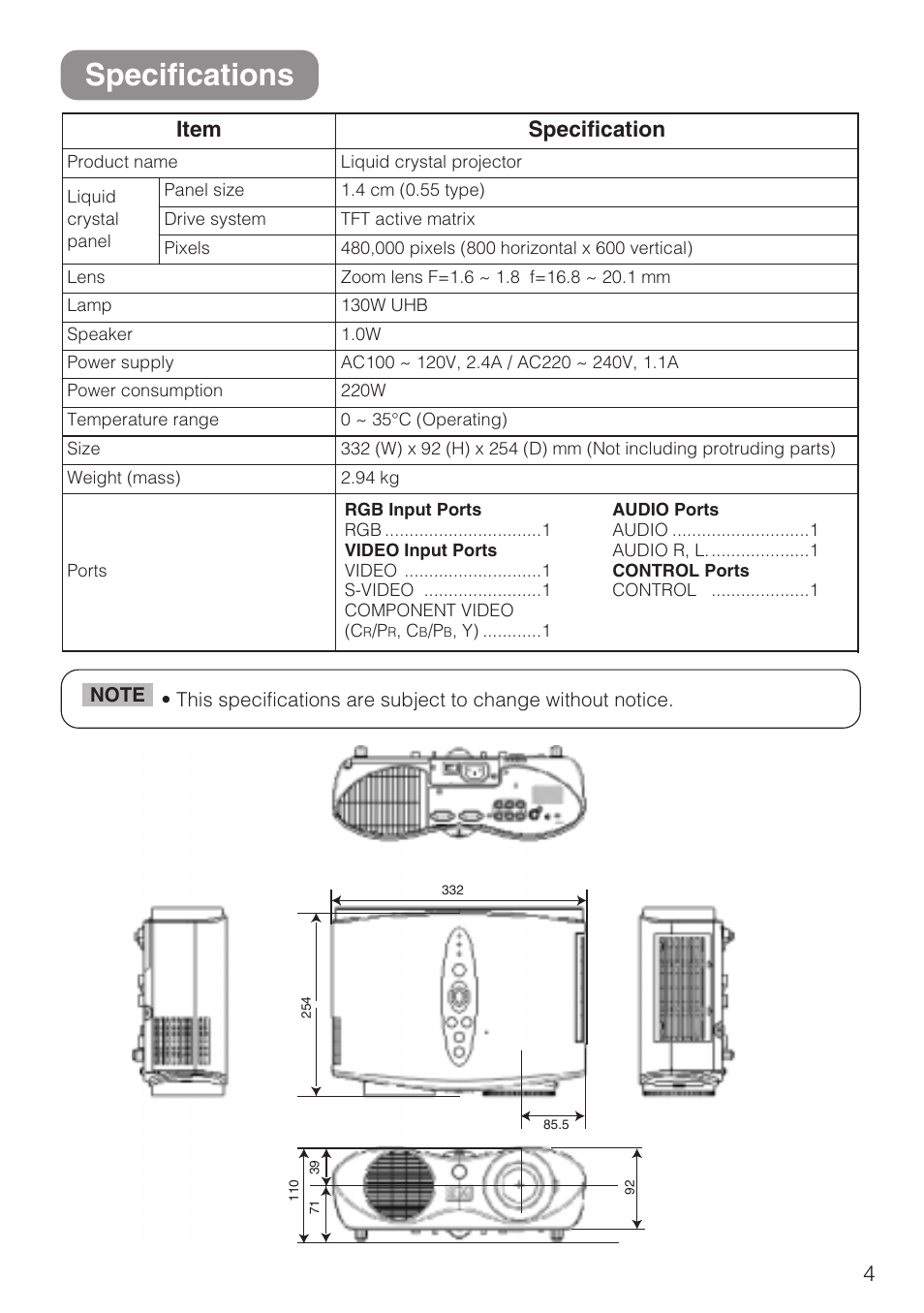 Specifications, Item specification | 3M S10C User Manual | Page 43 / 45