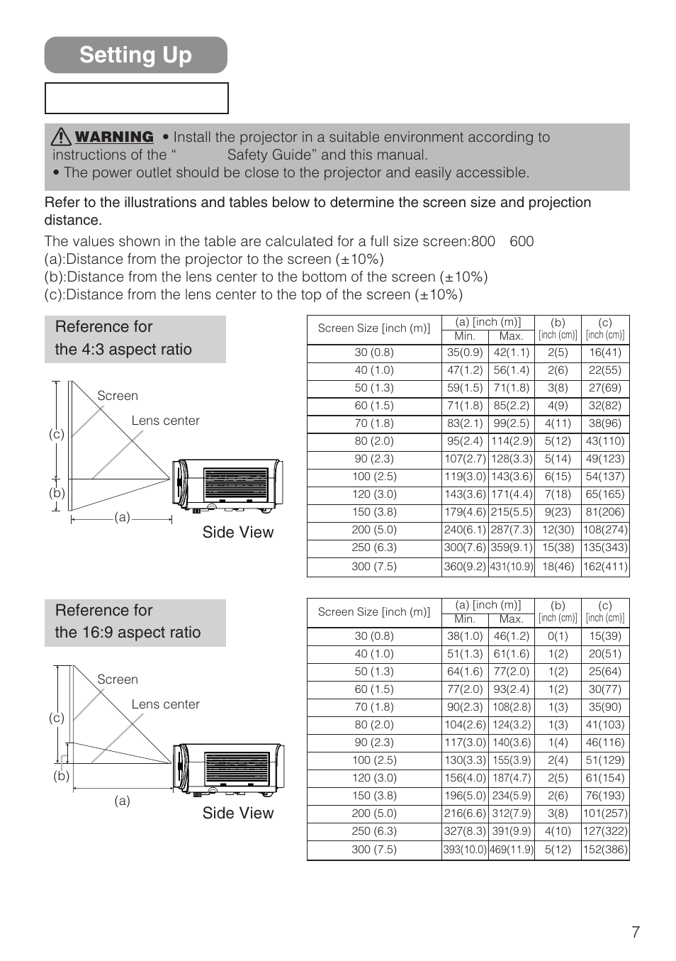 Setting up, Arrangement, Reference for the 4:3 aspect ratio | 3M S10C User Manual | Page 7 / 45