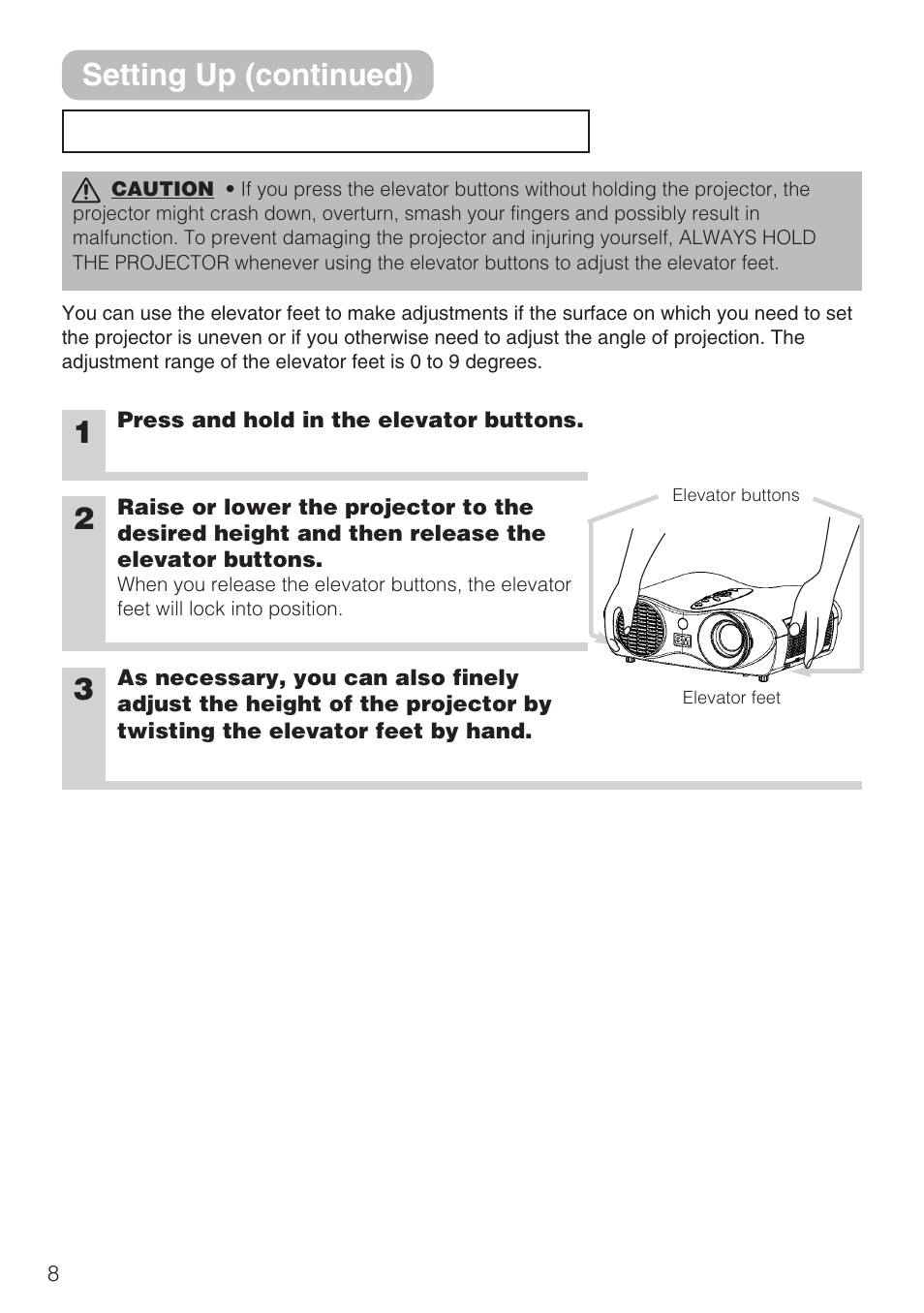 Adjusting the projector’s elevator, Setting up (continued) | 3M S10C User Manual | Page 8 / 45