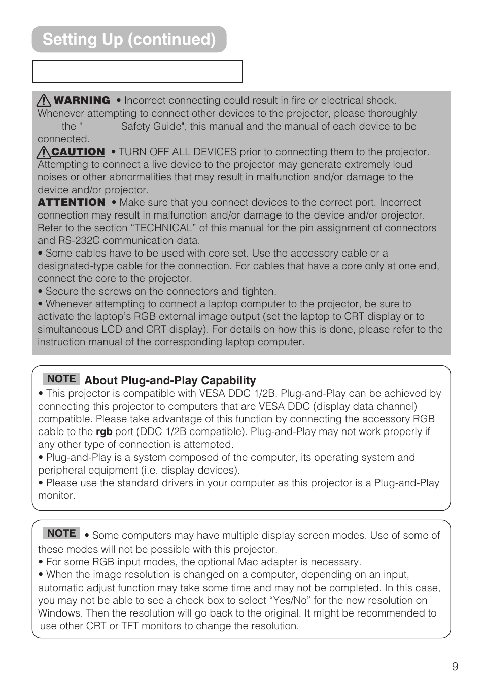 Connecting your devices, Setting up (continued) | 3M S10C User Manual | Page 9 / 45