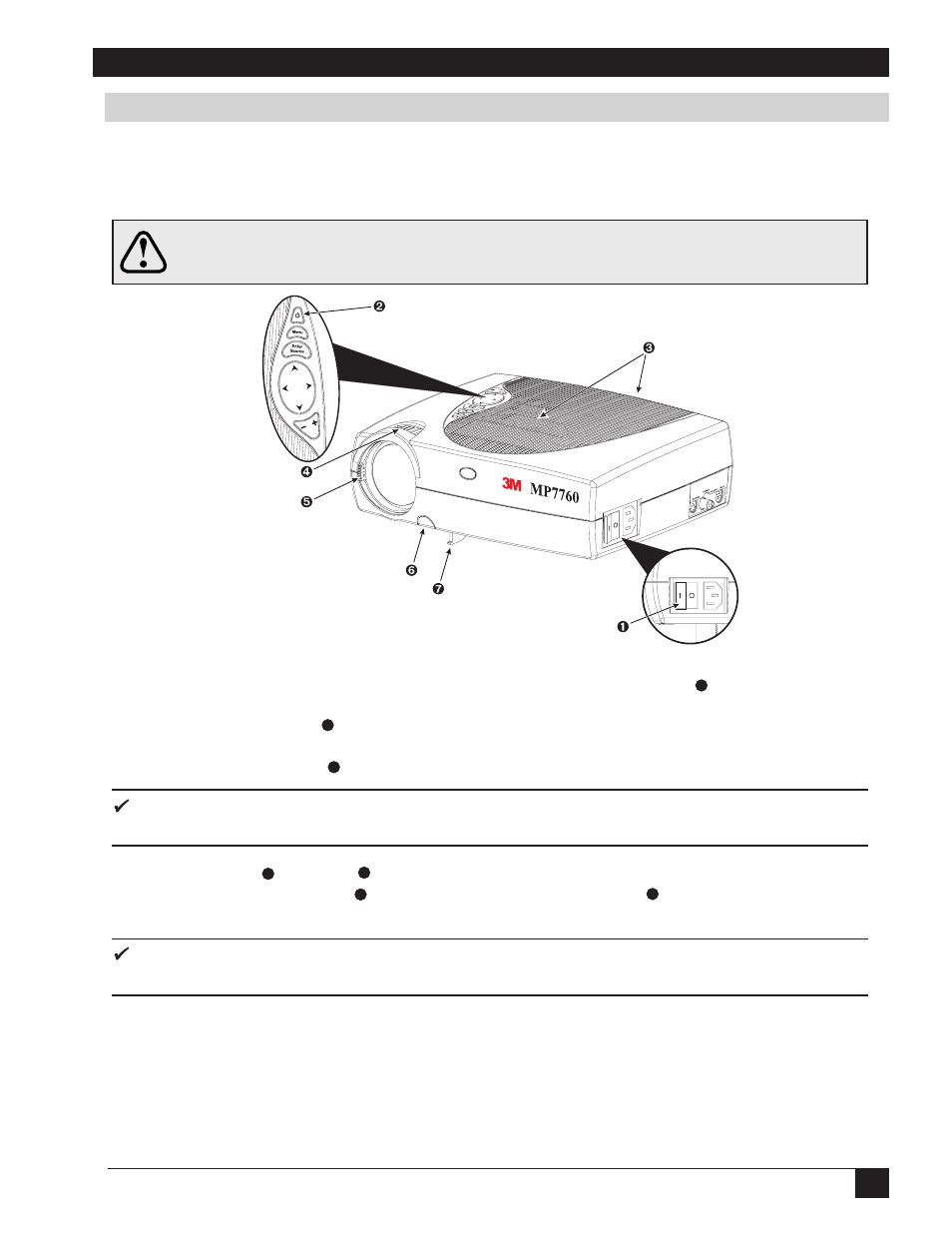 Section 4: operating instructions, 1. power up projector, Caution | 3M MP7760 User Manual | Page 13 / 36