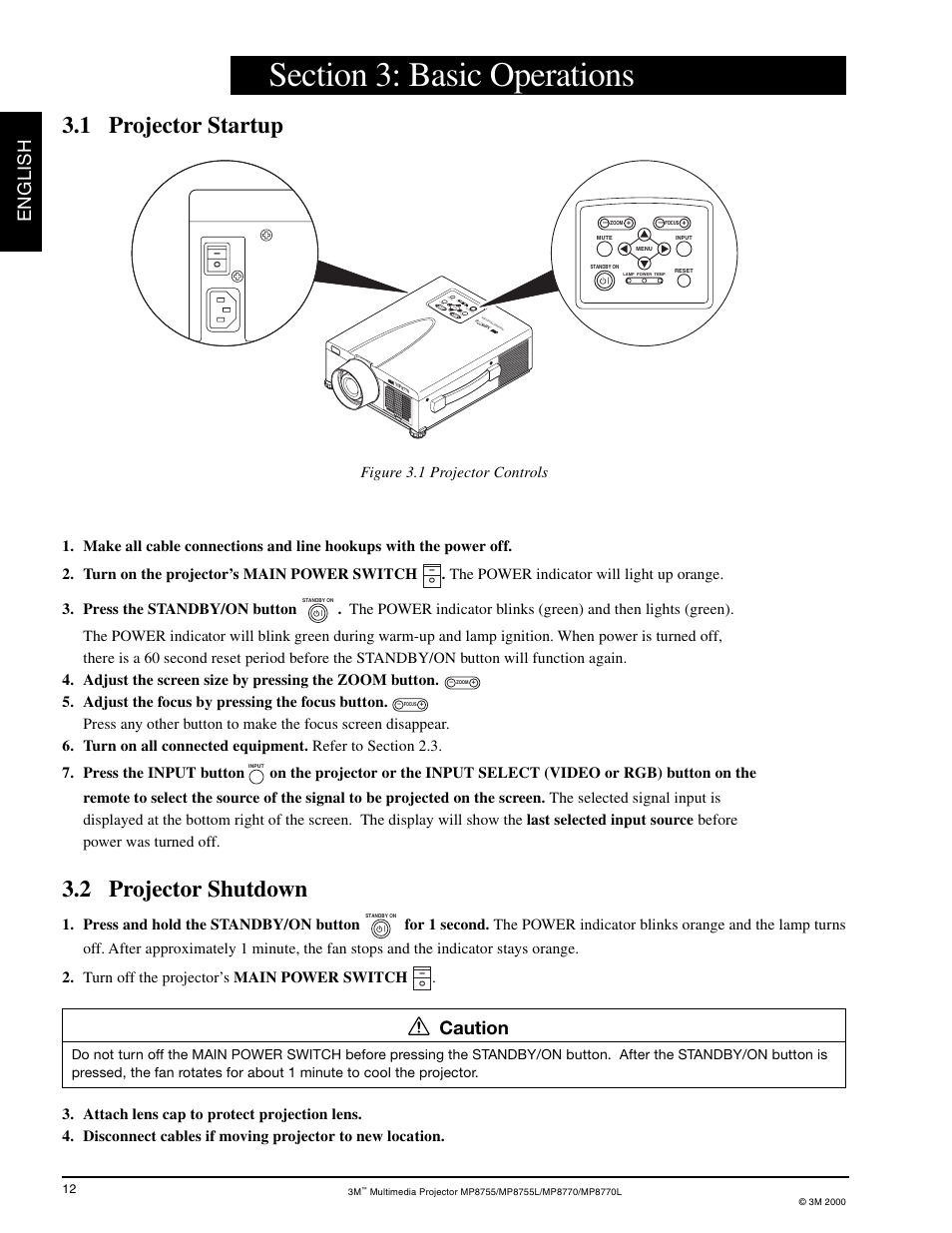Section 3, Basic operations, Projector startup | Projector shutdown, 2 projector shutdown, 1 projector startup, English, Caution, Adjust the focus by pressing the focus button, Press and hold the standby/on button | 3M MP8755/MP8755L User Manual | Page 14 / 28