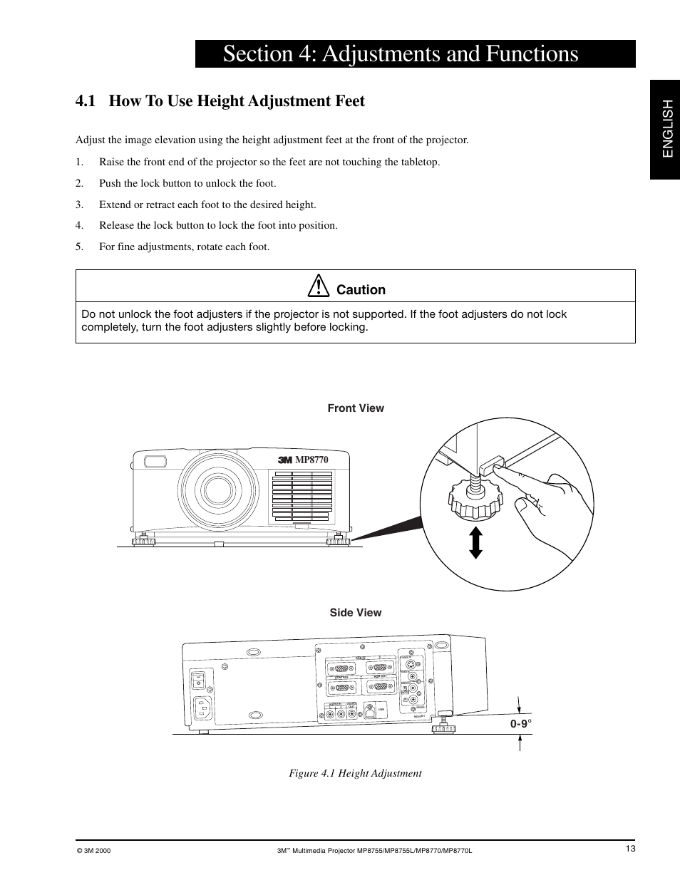 Section 4, Adjustments and functions, How to use height adjustment feet | 1 how to use height adjustment feet, English, Caution, Mp8770 | 3M MP8755/MP8755L User Manual | Page 15 / 28