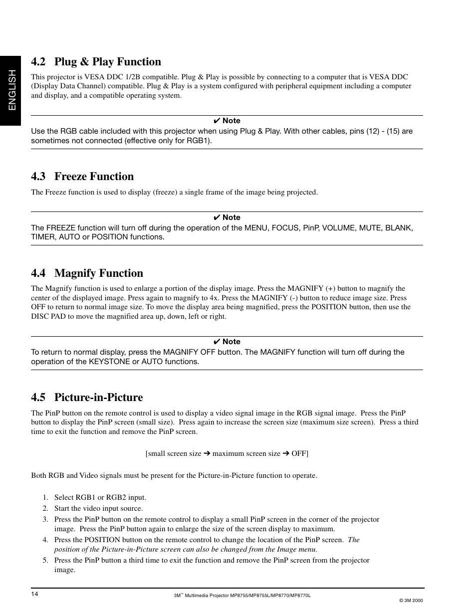 Plug & play — function, Freeze function, Magnify function | Picture-in-picture, 2 plug & play function, 3 freeze function, 4 magnify function, 5 picture-in-picture | 3M MP8755/MP8755L User Manual | Page 16 / 28