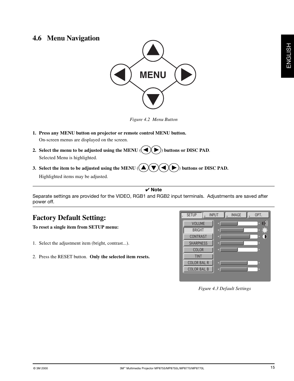 Menu navigation, Menu, 6 menu navigation | Factory default setting, English | 3M MP8755/MP8755L User Manual | Page 17 / 28