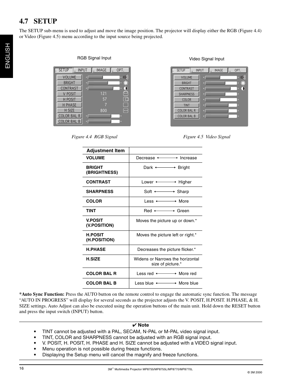Setup, 7 setup, English | 3M MP8755/MP8755L User Manual | Page 18 / 28