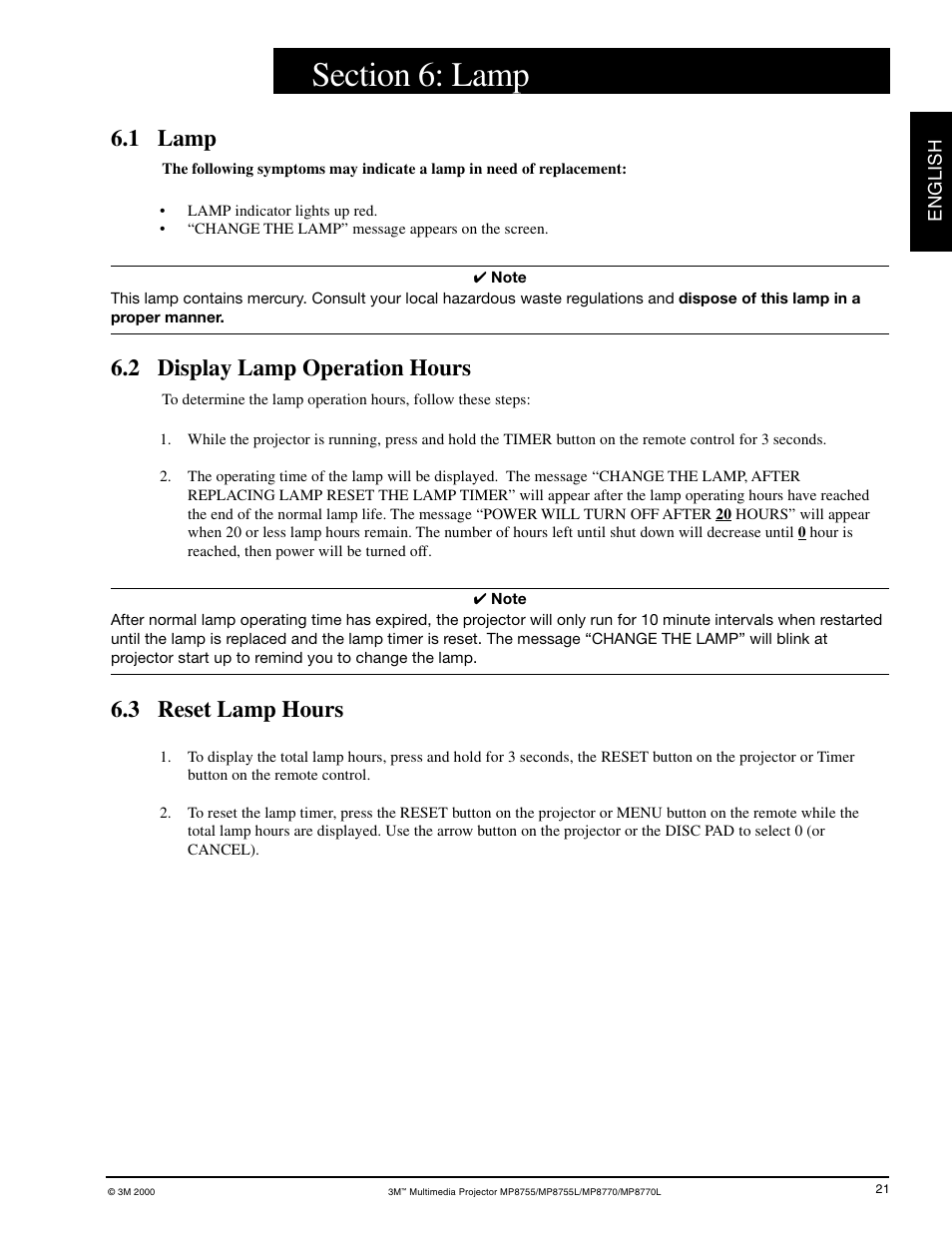 Section 6, Lamp, Display lamp operation hours | Reset lamp hours, 1 lamp, 2 display lamp operation hours, 3 reset lamp hours | 3M MP8755/MP8755L User Manual | Page 23 / 28