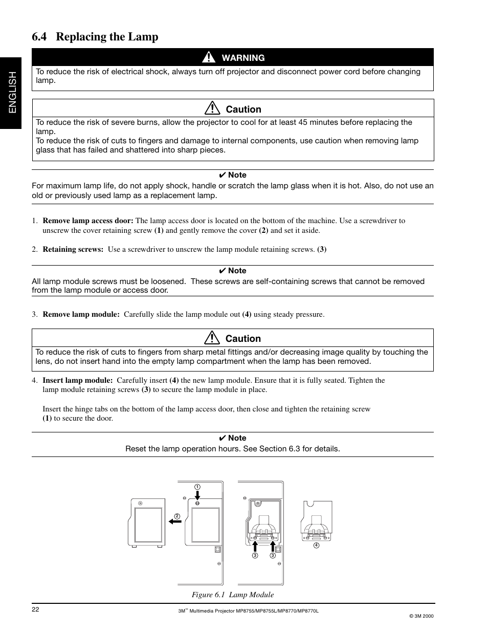 Replacing the lamp, 4 replacing the lamp, English | Caution, Warning | 3M MP8755/MP8755L User Manual | Page 24 / 28