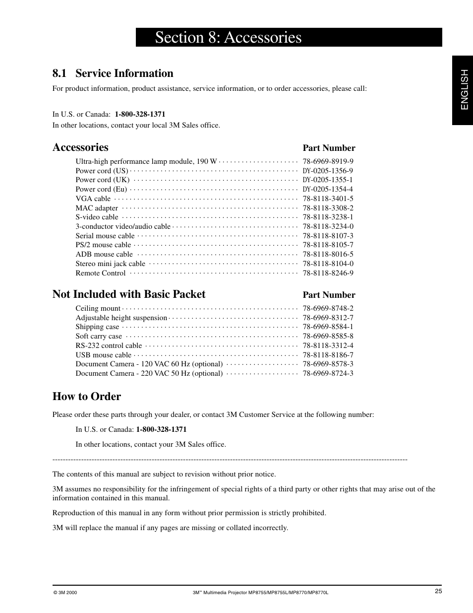 Section 8, Accessories, Service information | 1 service information, Not included with basic packet, How to order | 3M MP8755/MP8755L User Manual | Page 27 / 28