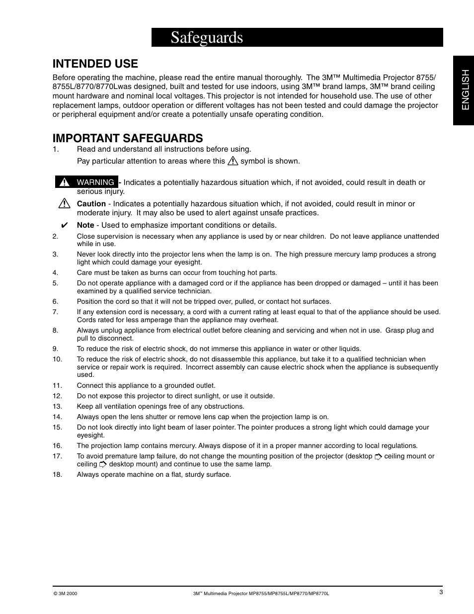 Safeguards, Intended use, Important safeguards | 3M MP8755/MP8755L User Manual | Page 5 / 28