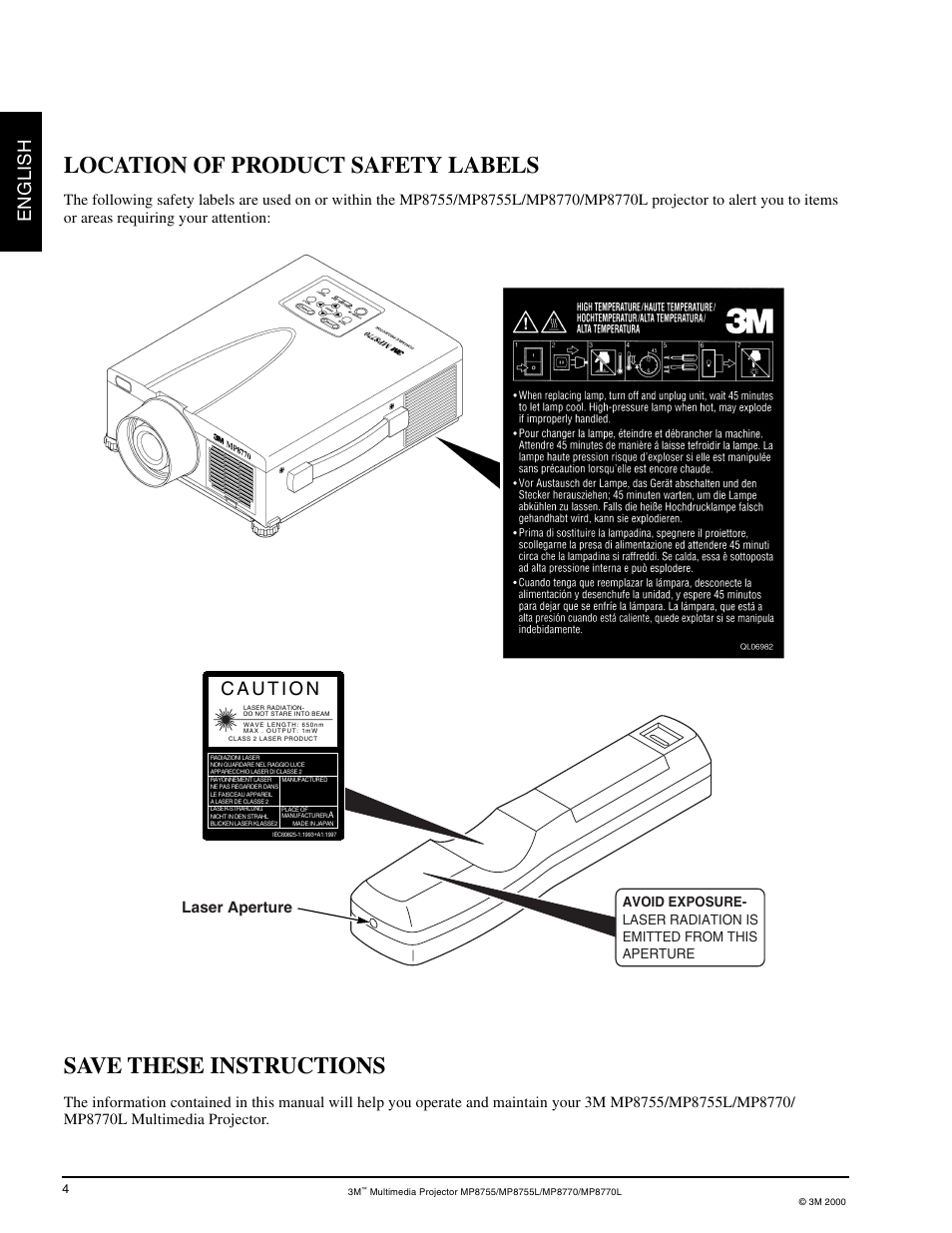 Save these instructions, Location of product safety labels, English | 3M MP8755/MP8755L User Manual | Page 6 / 28