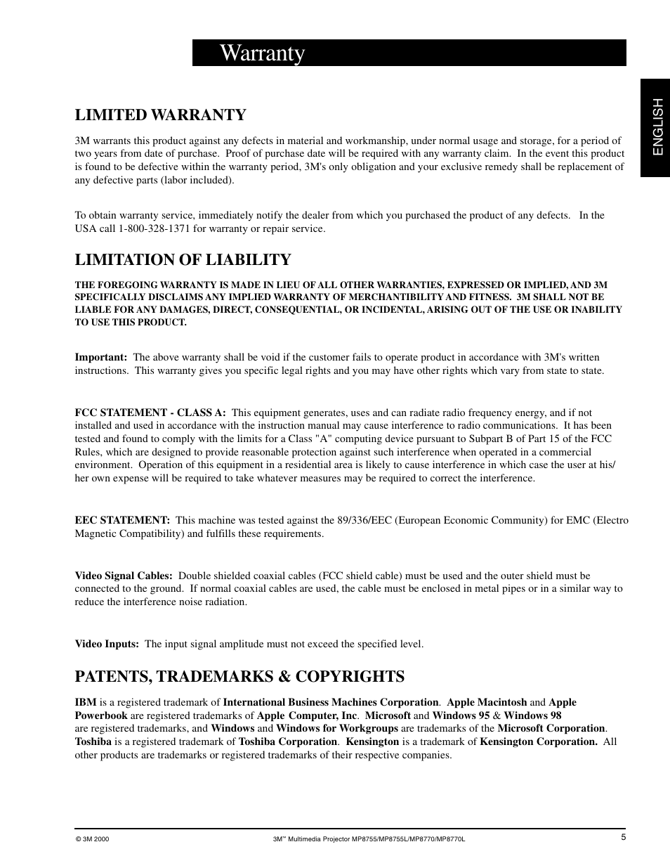 Warranty, Limited warranty, Limitation of liability | Patents, trademarks & copyrights | 3M MP8755/MP8755L User Manual | Page 7 / 28