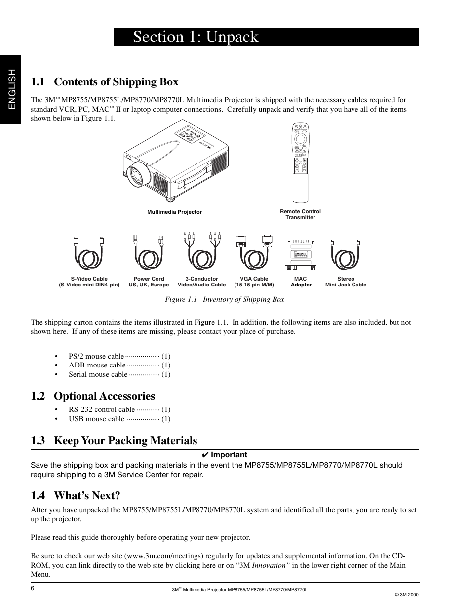 Section 1, Unpack, Contents of shipping box | Optional accessories, Keep your packing materials, What's next, 1 contents of shipping box, 2 optional accessories, 3 keep your packing materials, 4 what’s next | 3M MP8755/MP8755L User Manual | Page 8 / 28