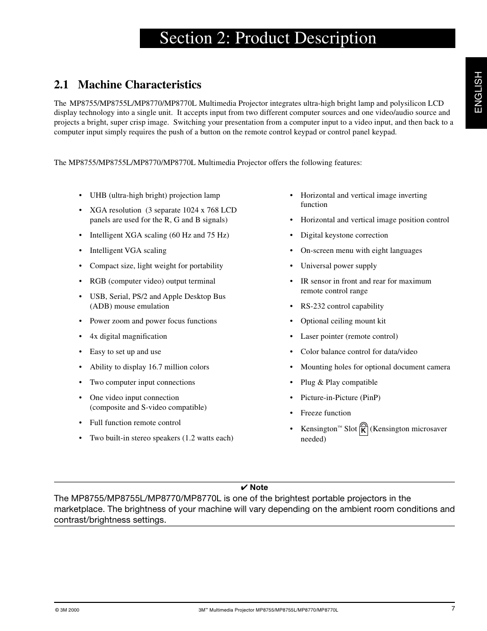 Section 2, Product description, Machine characteristics | 1 machine characteristics | 3M MP8755/MP8755L User Manual | Page 9 / 28