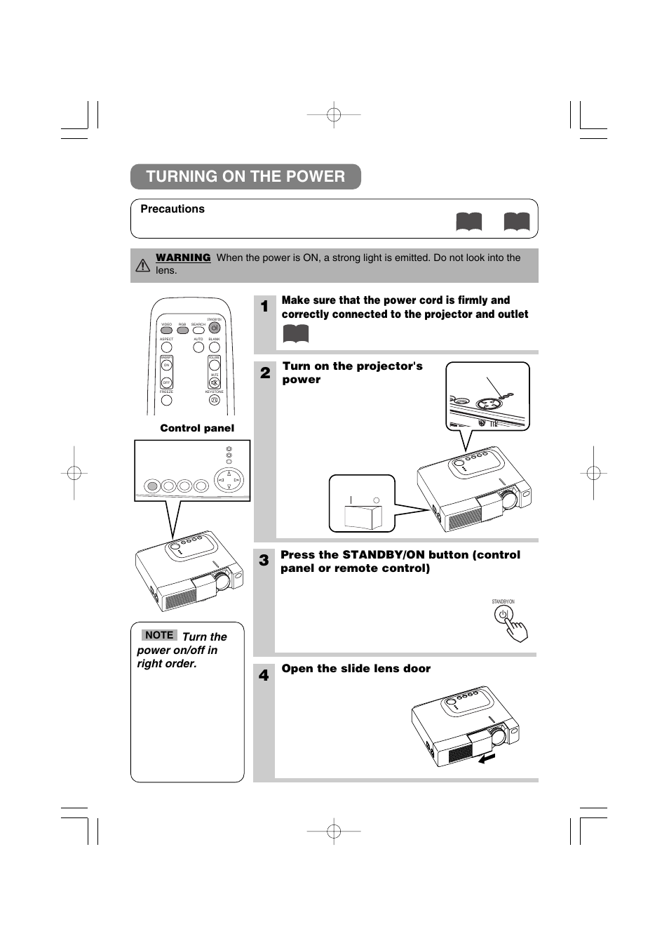 Turning on the power, Power switch, Slide lens door | Standby/on button, Power indicator, Turn on the projector's power, Open the slide lens door, Precautions, Turn the power on/off in right order, The picture is projected | 3M MP7640i/MP7740i User Manual | Page 15 / 40