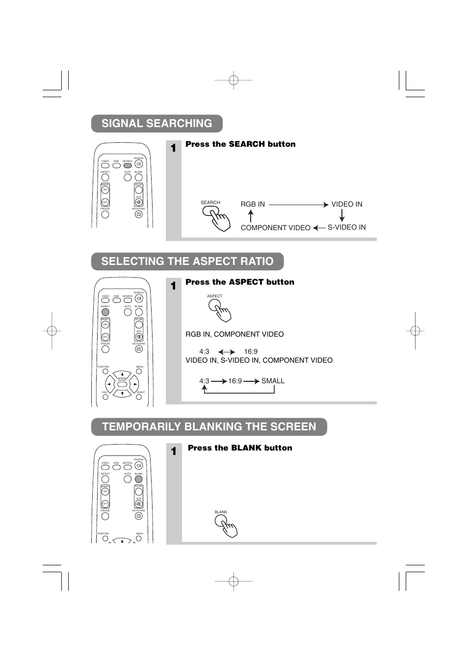 Search button, Aspect button, Press the search button | Press the aspect button, Press the blank button, Rgb in video in s-video in component video | 3M MP7640i/MP7740i User Manual | Page 23 / 40