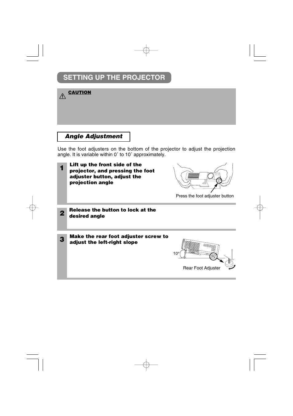 Setting up the projector, Foot adjuster, Foot adjuster button | Rear foot adjuster | 3M MP7640i/MP7740i User Manual | Page 7 / 40